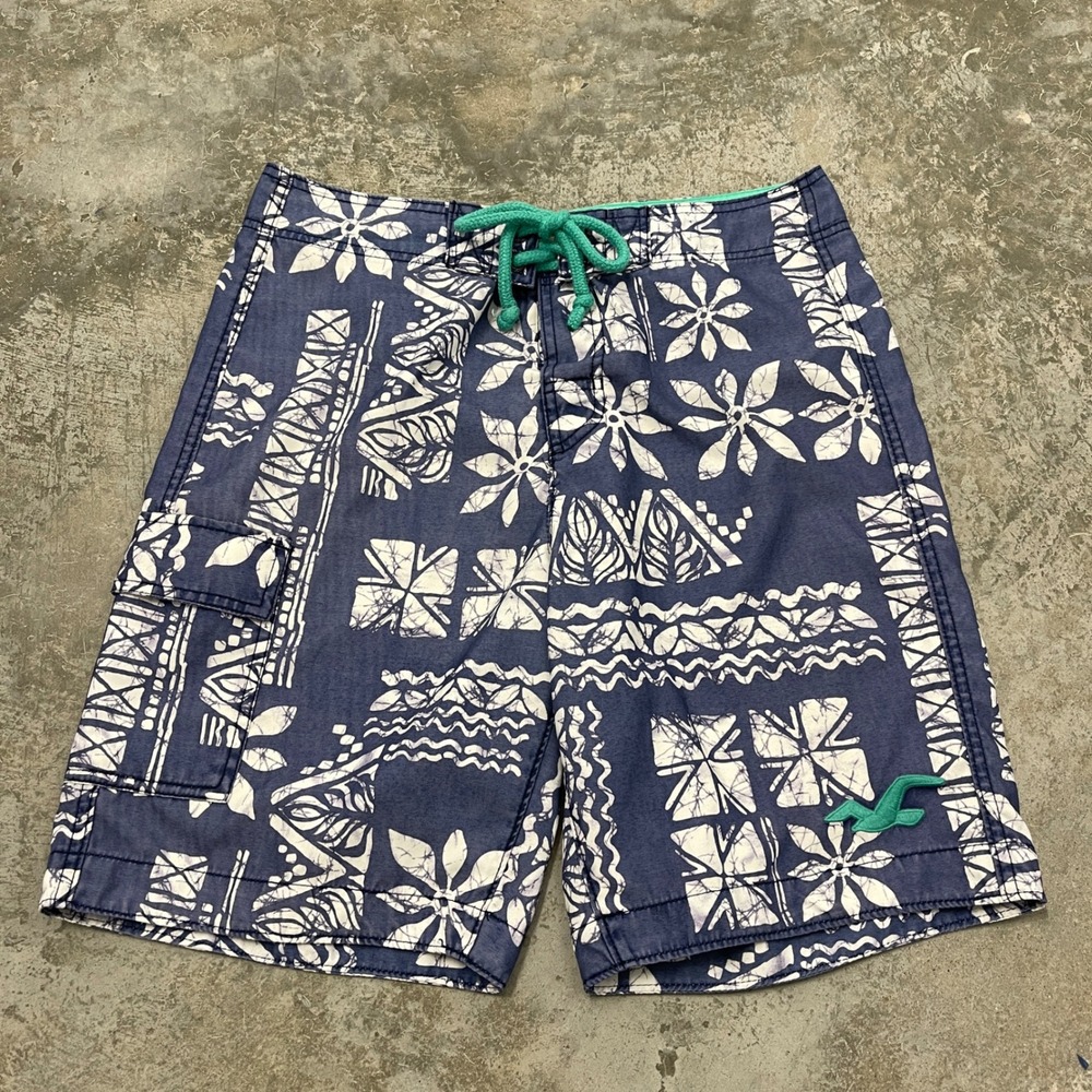 Hollister Mens Board Shorts Navy Blue White Batik Floral Swim Trunks Size M
